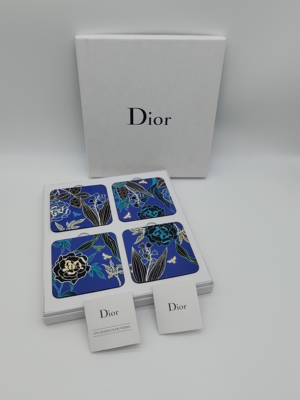 DIOR Blue Floral Bee Coaster Set of 4 CD Logo Gift Box Japan Rare Decor NIB
